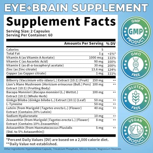Eye + Brain Supplements for Memory and Focus, Lutein 40mg, Zeaxanthin, Astaxanthin, Bilberry, Lion’s Mane, Bacopa Monnieri, Ginkgo Biloba, 14 in 1 Eye Vitamins for Adults & Seniors 120 Capsules - Thumbnail 2