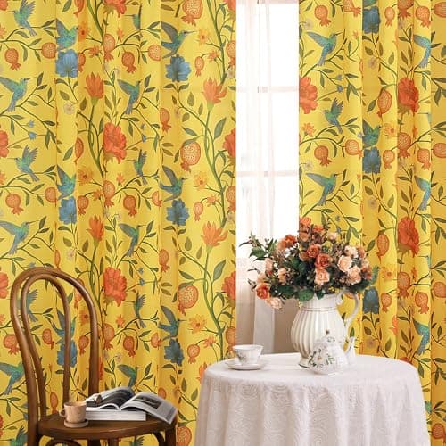 JOOJA Mustard Yellow Floral Linen Curtains, Boho Whimsical Bird Print Curtains for Bedroom Window Colorful Patterned Sheer Curtains for Living Room Kitchen 2 Panels 84 Inches Long - Image 1