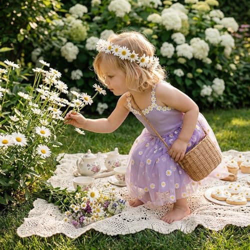 Toddler Girls Daisy Tulle Dress Purple Flower Girl Gown for Weddings Birthdays Sleeveless Summer Sundress for Kids 18-24 Months - Thumbnail 5