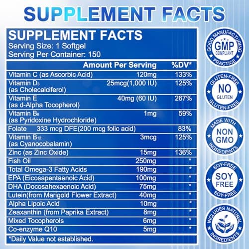 Lutein and Zeaxanthin Supplement - AREDS 2 Plus+  Eye Vitamins, 40 mg Lutein & 8 mg Zeaxanthin with Vitamins C, E, Zinc, Omega-3 & CoQ10 for Blue Light Protection, Eye Health Support  - 150 Softgels - Thumbnail 2