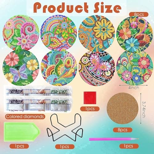ijbnhd Flowers Diamond Art Coasters Kits for Adults, 8 Pieces Flowers Diamond Painting Coasters with Holder for Beginners 4X4inch (Cork Wooden Pad) - Thumbnail 3