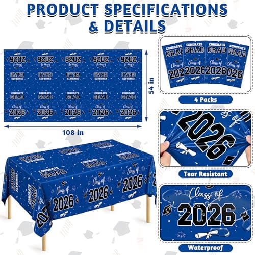 QZYL 4 Pack Graduation Tablecloth, 54" x 108" Blue Graduation Table Decorations 2026, Plastic Table Cloth for Class of 2026 Congrats Grad, Rectangle Disposable Grad Party Decorations Supplies Favors - Thumbnail 2