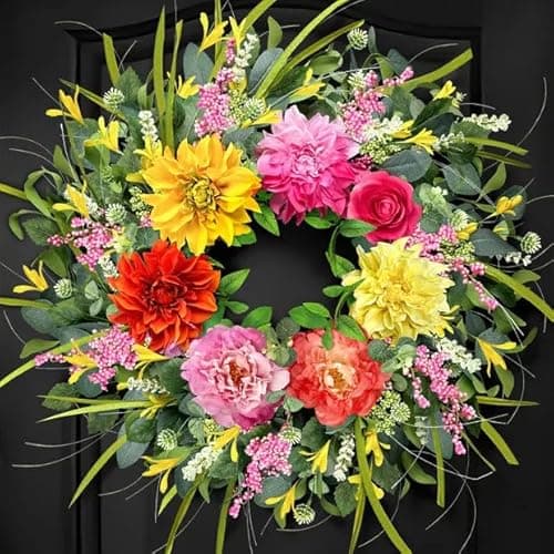 ICX Spring Wreaths for Front Door 24 Inch, Large Floral Door Wreath with Peony, Rose and Dahlia, Spring & Summer Outdoor Wreath, All Season Farmhouse Window Wall Wedding Decor, Housewarming Gift - Image 1