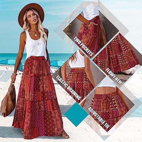 EARKOHA Womens Casual High Waist Tie Paisley Print Long Maxi Skirt with Pockets Red-1 L - Thumbnail 6