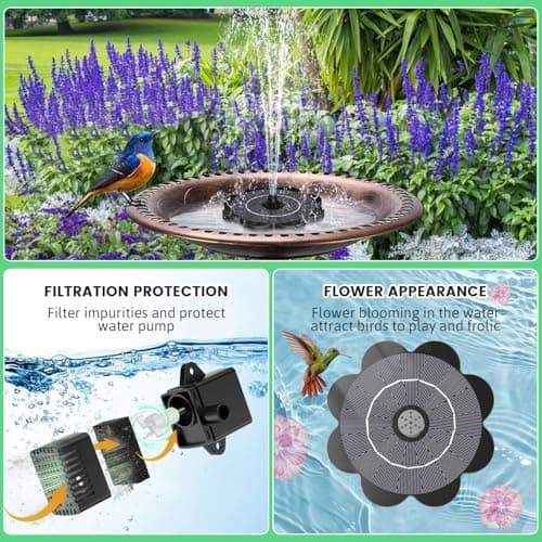 SZMP Solar Water Fountain with Flower Pattern No Battery,Faster Conversion Solar Bird Bath Fountains Glass Solar Panel,Solar Fountain for Bird Bath Garden Small Ponds Outdoor Décor - Thumbnail 4