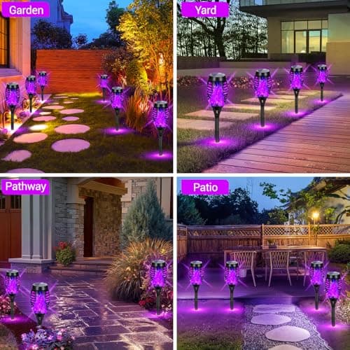 AOUNQ Solar Lights Outdoor Halloween Decorations, Upgraded 4 Pack Purple Solar Torch Lights with Flickering Flame, Waterproof Halloween Lights Outdoor, Tiki Torches for Outside Patio Pathway Decor - Thumbnail 2