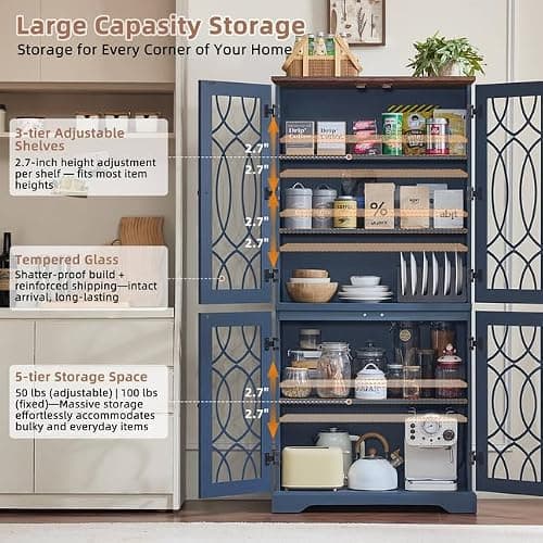 Joaxswe 67" Tall Bookshelf, Rustic Book Shelf w/Vintage Pattern Tempered Glass Doors, 5-Tier Wood Bookcase with Adjustable Storage Shelves, Retro Curio Display Cabinet for Living Room, Navy Blue - Thumbnail 6