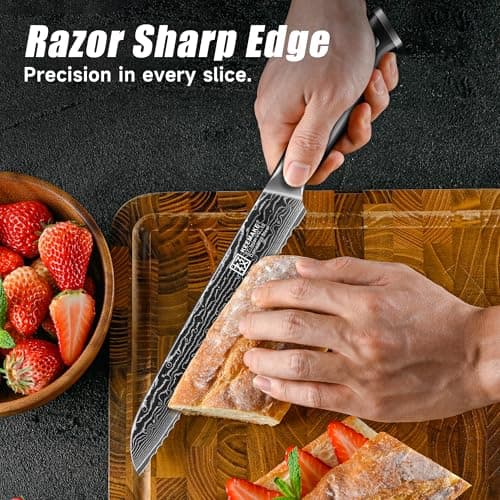 KEEMAKE Serrated Bread Knife, 8 Inch Japanese Damascus Kitchen Knife Wave Edge with G10 Ergonomic Handle, Cake Cutter Bread Slicing Knife for Sourdough Loaf Ciabatta - Thumbnail 4