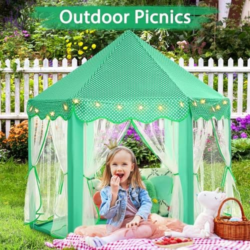 Monobeach Princess Tent Girls Green Large Playhouse Kids Castle Play Tent with Star Lights Gift Toy for Children Indoor and Outdoor Games - Thumbnail 6