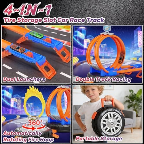 Toy Car Race Track Set for Kids Ages 4-8, Stunt Tire-Shaped Case Transforms into Race Course, 6 Cars in 1:64 Scale, 2 Ways to Play, Action Loop Cyclone Challenge & Speed Snap Track - Thumbnail 3