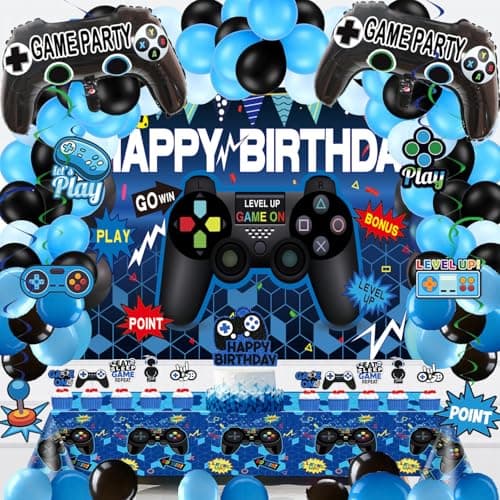 Video Game Party Decorations Set – 75Pcs Gamer Birthday Supplies with Gaming Backdrop, Hanging Swirls, Table Cover, Controller Foil Balloons，Cake Toppers for Game Night, Room Decor - Image 1