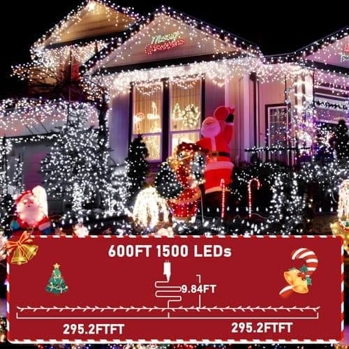 KNONEW 600ft 1500 LED String Lights Outdoor Christmas Lights 8 Modes & Timer Fairy Light Plug in Waterproof LED String Lights for Xmas Yard Tree Wedding Party Holiday Decorations (Cool White) - Thumbnail 3