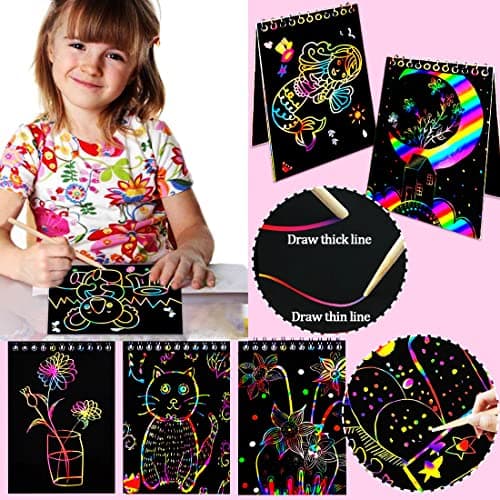 JUNQIU Scratch Paper Art for Kids, 2 Pack Bulk Rainbow Scratch Paper Crafts Toys for 3 4 5 6 7 8 9 10 Years Old Girls Kids Birthday Gifts - Thumbnail 2