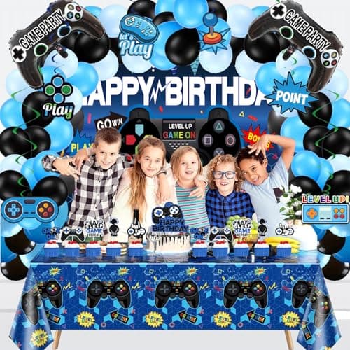 75Pieces Video Game Party Supplies Set: Decorations with Happy Birthday Gaming Backdrop, Hanging Swirls, TableCovers, Cake Topper, Foil Gamer Balloons, Multi-Color Balloons. Perfect for Game ON Party! - Thumbnail 5