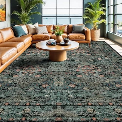 Farmhouse 9x12 Dark Green Floral Living Room Area Rugs, Large Washable Vintage Distressed Rug for Bedroom, Dining Room Under Table, Moody Low Pile Non-Slip Retro Carpet, Soft Boho Art Deco Mat - Image 1