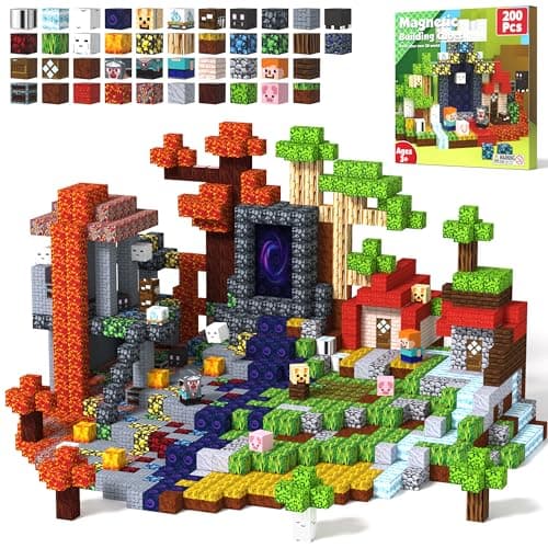 Magnetic Blocks 200 PCS Magnet Building Blocks Cubes Sensory Toys for 3-12 Years Old Gamer Player Kids, Stacking Magnets Birthday Christmas Graduation Gift Set, 0.8 Inch Block, Nether and Overworld - Image 1
