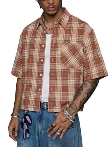 Vamtac Mens Button Down Shirts Y2K Classic Plaid Short Sleeve Cropped Shirt Vintage Boxy Fit Cotton Tops Red - Image 1