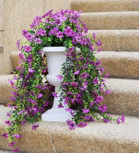 Obmnor Artificial Hanging Flowers for Outdoors, 4 Pack Fake Hanging Plant for Spring Summer Decor, UV Resistant Faux Silk Flower for Planter Porch Patio Balcony Yard Decoration (Light Purple) - Thumbnail 3