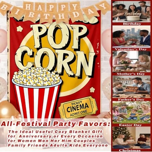 Popcorn Throw Blanket Gifts for Movie Lovers, Soft Cozy Flannel Decorative Vintage Film Cinema Themed Blanket for Movie Room Couch Bed Sofa Office Travel Nap Birthday Christmas Holiday Present 50"x60" - Thumbnail 2