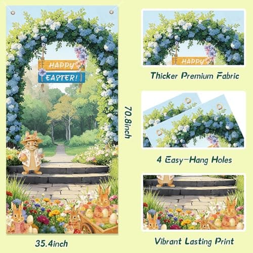 Lednica Happy Easter Door Decoration, Rustic Hydrangea Easter Door Cover with Bunny Eggs, Spring Floral Arch Garden Banner for Party Decor & Supplies, 71x35 Inch - Thumbnail 4