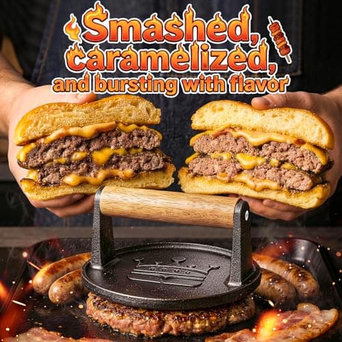 Basinel Smash Burger Press 6.5”, Cast Iron Flat Round Edge Grill/Bacon/Meat/Hamburger/Chef Press with Wood Handle, 1.74lb Hamburger Press Patty Maker, Nonstick Burger Smasher for Blackstone Griddle - Thumbnail 2