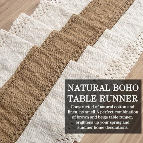yuboo Boho Coffee Table Runner 48 Inch, Spring Farmhouse Burlap Dresser Runner Scarf, Rustic Macrame Runner for Round Table, TV Stand, Entryway Console, Neutral Easter Decor - Thumbnail 4
