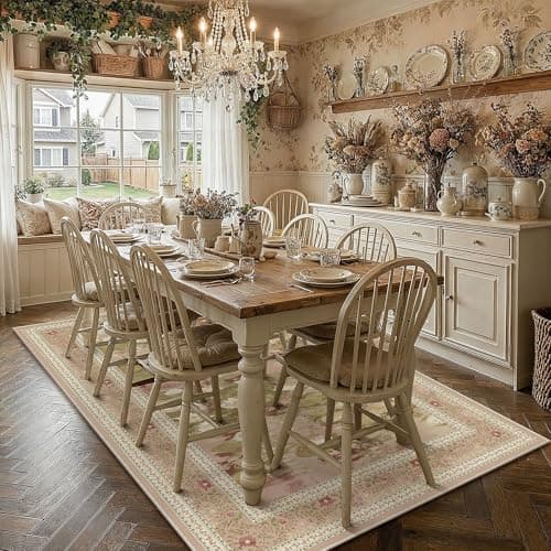 PureCozy Washable 8x10 Area Rug for Living Room Pink Floral Indoor Large Carpet Non Slip Low Pile Vintage Impressionist Rugs for Bedroom Dining Room Nursery Playroom Farmhouse Decor - Thumbnail 3