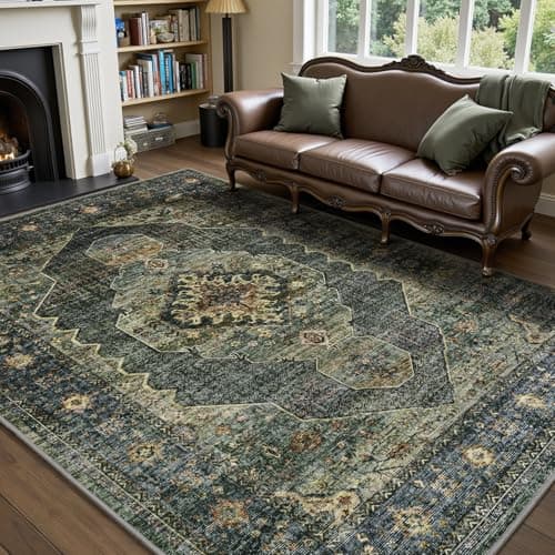 Olive Green 5x7 Area Rugs for Living Room Bedroom Rug Washable Soft Vintage Neutral Farmhouse Dining Room Office Rug Carpet Water Repellent Easy Care Non Slip - Image 1