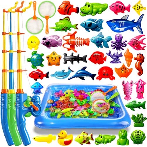 CozyBomB™ Magnetic Fishing Toys Game Set for Kids | Water Table Bathtub Kiddie Pool Party Pole Rod Net, Outdoor Plastic Floating Fish, Toddler Bath Color Ocean Sea Animals Birthday Gift Age 3-5 6 4-8