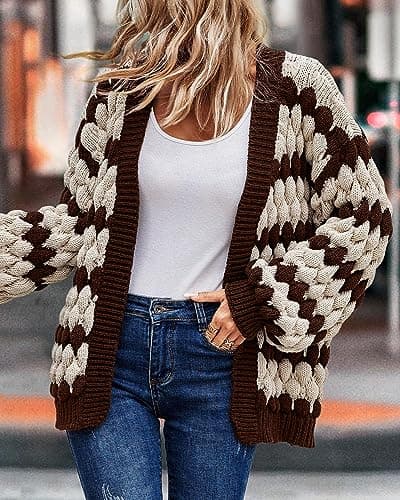 KIRUNDO Women's Cardigan Sweater 2026 Fall Winter Open Front Long Sleeve Cable Knit Color Block Striped Cardigan Casual Oversized Sweater Jacket Outwear(Coffee, Medium) - Thumbnail 5