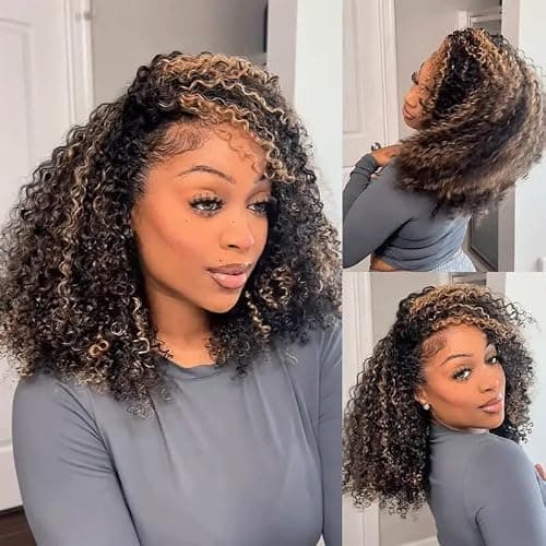 Kinky Curly Half Wig Human Hair 250% Density Wear Go Glueless Wigs Human Hair Curly 3 In 1 Half Wigs for Women Drawstring Seamless Flip Highlight Blonde Headband Wig Beginner Friendly (16 Inch) - Thumbnail 5