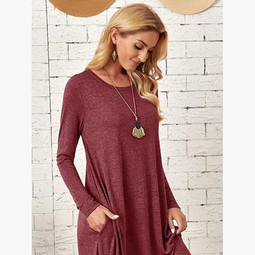 Lounge Dress for Women Long Sleeve Nightgown Midi Long Dress Loose Casual Side Slit Dresses Pocket XXL Red - Thumbnail 3