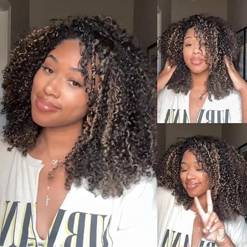 Kinky Curly Half Wig Human Hair Drawstring Balayage Highlight Ombre No Lace Glueless Wear Go Wig Drawstring Invisible Hairline Beginner Friendly For Women Flip Over Clip In 250% Density 18Inch - Thumbnail 6