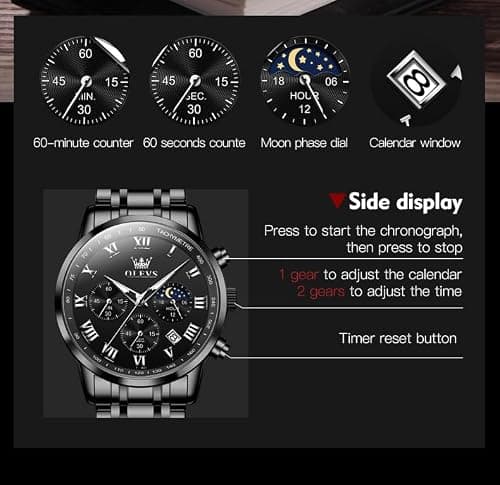 OLEVS Watch Men Luxury Black Watches for Men Dress Luminous Waterproof Analog Quartz Mens Watches with Date Fashion Stainless Steel Large Face Chronograph Moon Phase Classic Wrist Watch for Man - Thumbnail 4