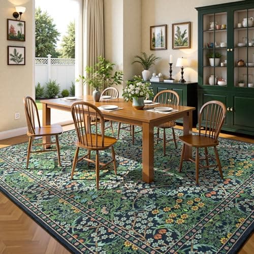 Lessymo Floral Living Room Rug 8x10 Area Rugs, Vintage Forest Washable Rugs for Dining Room Bedroom, Low Pile Non Slip Rubber Green Mat, Distressed Retro Indoor Boho Carpet, Forest Green - Thumbnail 5