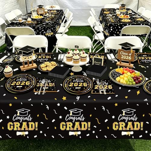 Labrostar Graduation Decorations 2026 Graduation Tablecloths Congrats Grad Table Cover 54"x108" for Class of 2026 Graduation Party Decorations Supplies 3Pcs Black - Thumbnail 5