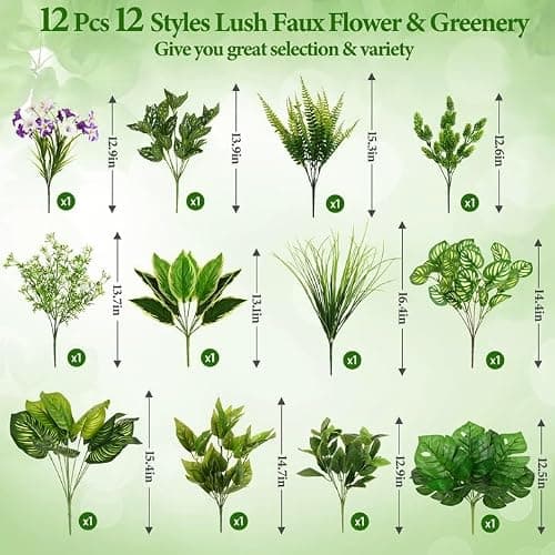 Livole 12Pcs 12 Styles Artificial Plants Outdoor Realistic UV Resistant Artificial Flowers Large Bunches Faux Plants Greenery Stems Boston Fern for Garden Porch Planter Window Box Home Decor - Thumbnail 5