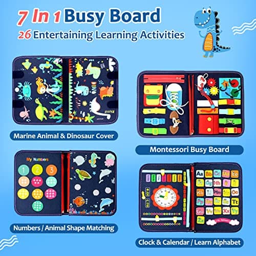 Qizfun Montessori Busy Board & Busy Book for Toddlers – Sensory & Learning Toy That Keeps Kids Busy, Travel Toy for Airplane & Car, Screen for Boys & Girls (Blue/P4) - Thumbnail 3