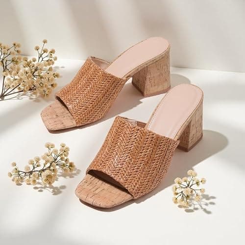 Ancomafio Women's Heeled Sandals Cork Sandals Raffia Heels Square Open Toe Heeled Mules Block Heels Summer Vacation Shoes Brown Size 7.5 - Thumbnail 3