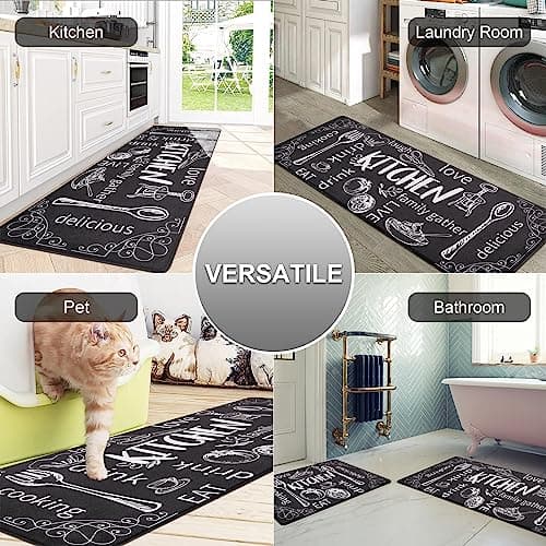 HEBE Kitchen Rugs Set of 2, Cushioned Anti Fatigue Kitchen Mats for Floor, Non Slip Waterproof Comfort Standing Desk Mat Carpet for Sink, Stove, Laundry Room, Black - Thumbnail 6