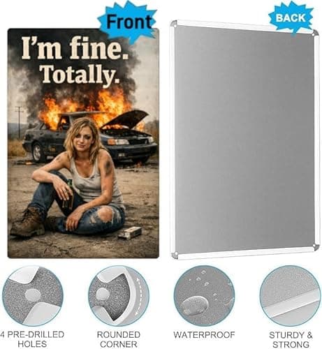I'm Fine. Totally. Metal Sign - 8x12 Inch Vintage Tin Plaque with Humorous Girl & Burning Car Art, Perfect for Home or Office Decor, Pre-Drilled Holes for Easy Hanging - Thumbnail 5
