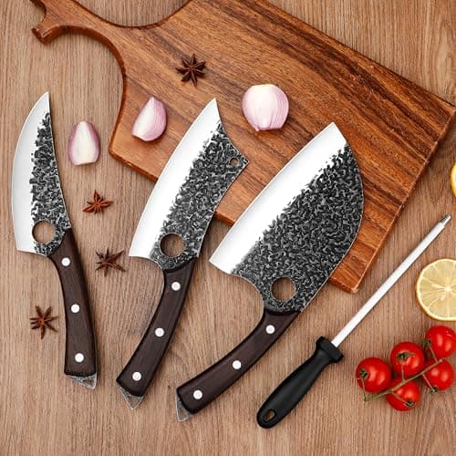 Plys Forged Butcher Knife Set: Comfortable Handle for Long Use - 3PCS Viking Kitchen Knives Set for Mens - Handmade Cooking Meat Cleaver for Cutting and Chopping - Thumbnail 5