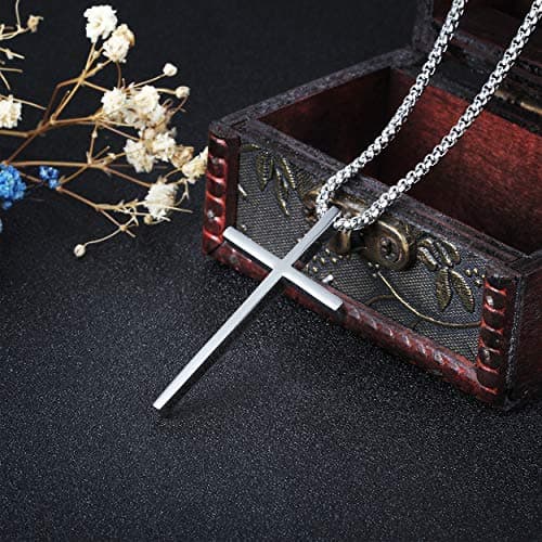 Rehoboth Stainless Steel Cross Pendant Necklaces for Men Women Philippians 4:13 Strength Bible Verse Pendant Chain 24 Inch Silver - Thumbnail 4