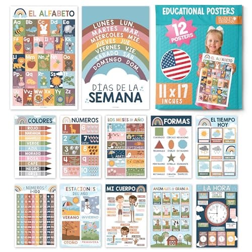 Hadley Designs Spanish Posters for Classroom - 12 Bilingual Educational Posters for Spanish Classroom Decorations Must Haves, Calendario y Alfabeto en Español Para la Pared, Boho Teacher Supplies - Image 1