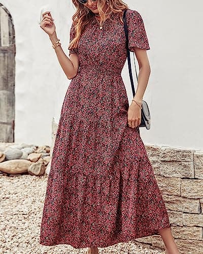 PRETTYGARDEN Women's Summer Casual Short Flutter Sleeve Round Neck Smocked Waist Tiered Boho Floral Flowy Maxi Dress(Floral Black and Red,XX-Large) - Thumbnail 2