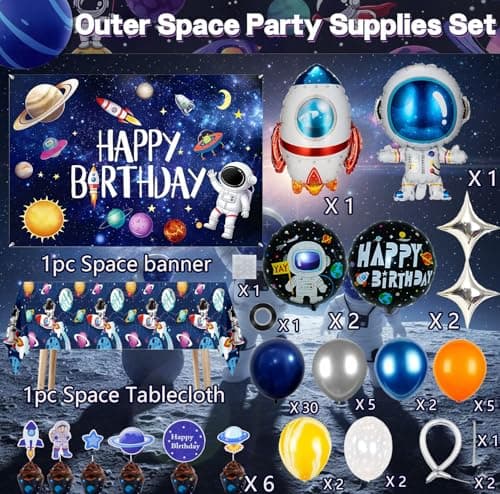 Outer Space Birthday Party Decorations – Space Theme Set with Backdrop, Tablecloth, Rocket & Astronaut Foil Balloons, Star Balloons, Cake Topper & Latex Balloons for Space Themed Party, Room Decor - Thumbnail 6