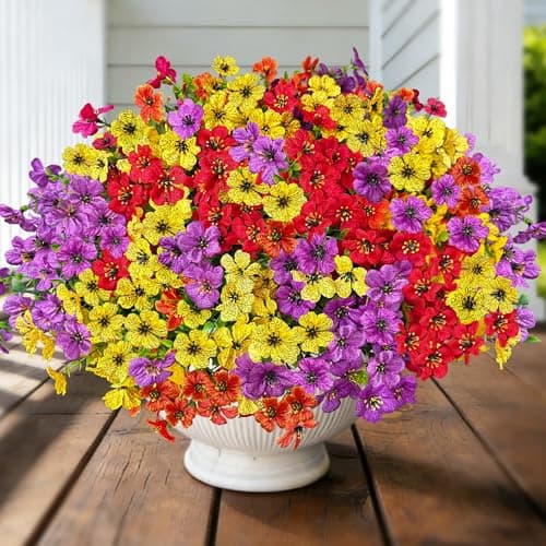 QSPEROV Artificial Flowers for Outdoor Indoor Decoration, Faux Flower Daisy with Eucalyptus Leaves Fake Plants Dried Flower Greenery Boxwood Porch Patio, 12 Bundles (Purple Red Orange Yellow)