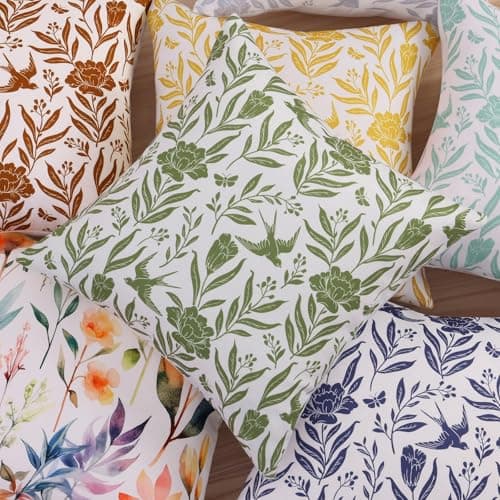 decorUhome Floral Throw Pillow Covers 20x20 Inch Set of 2, Aqua Vintage Block Print Linen Spring Pillow Covers, Rustic Neutral Toile Farmhouse Decorative Square Pillowcases for Couch Sofa - Thumbnail 6