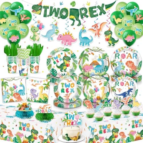 Dinosaur Birthday Party Decorations for 2 Year Old Boy, Two Rex Party Supplies for 24 Guests, Complete Party Setup with Balloons, Banner, Plates and Napkins - Image 1