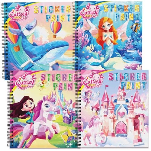 CutteeyFyry 4PCS Paint by Number Sticker Book Travel Activities Essentials Toys for Girls Kids - Road Trip & Airplane & Long Car Rides, Birthday Present, Preschool Classroom Party Gifts